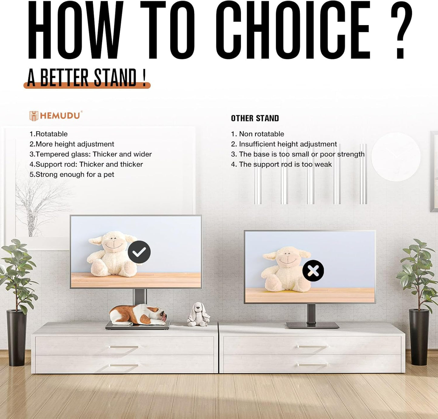Universal TV Stand/Base Table Top TV Stand with Wall Mount for 27 to 55 inch 9 Level Height Adjustable, Heavy Duty Tempered Glass Base, Holds up to 88lbs Screens, HT06B-001