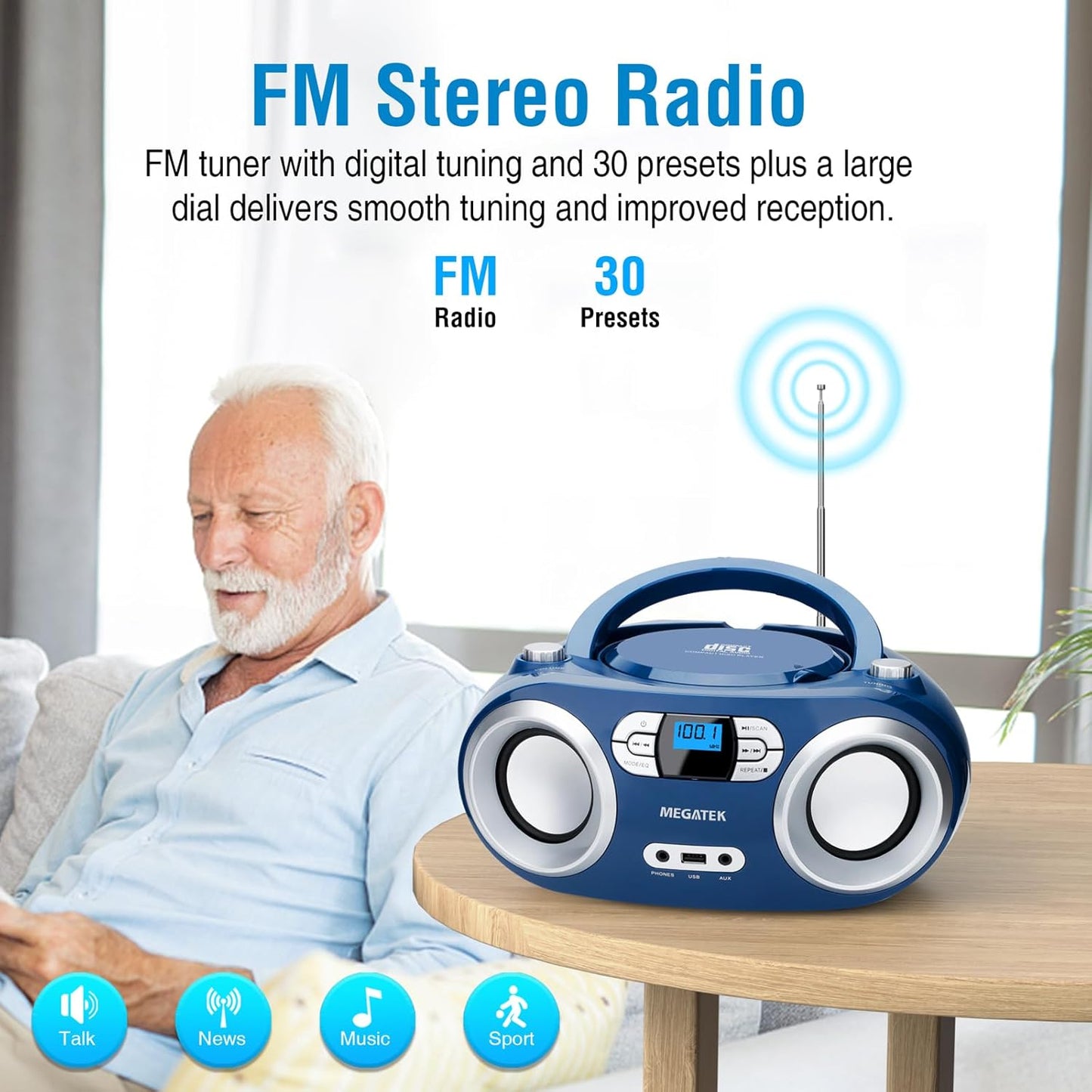MEGATEK Portable CD Player Boombox with FM Radio, Bluetooth, USB Port, AUX Input, and Headphone Jack – CD-R/CD-RW/MP3-CD Compatible, Clear Stereo Sound, Backlit LCD Display – Black