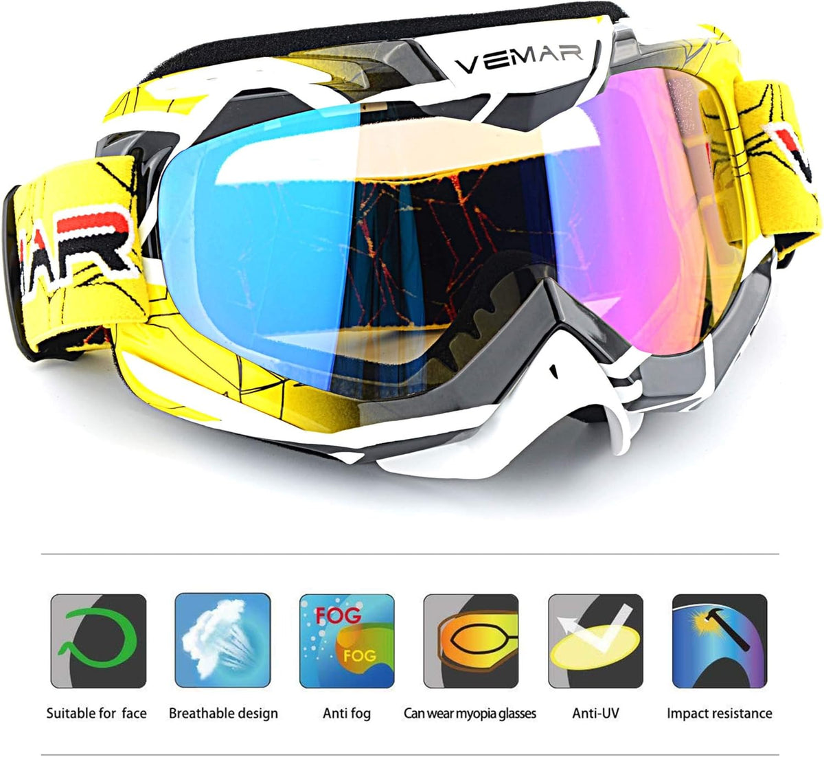 Motorcycle Motocross Goggles ATV Racing Goggles Dirt Bike Tactical Riding Motorbike Goggle Glasses, Bendable Windproof Dustproof Scratch Resistant Protective Safety Glasses (Yellow) - PuriLite
