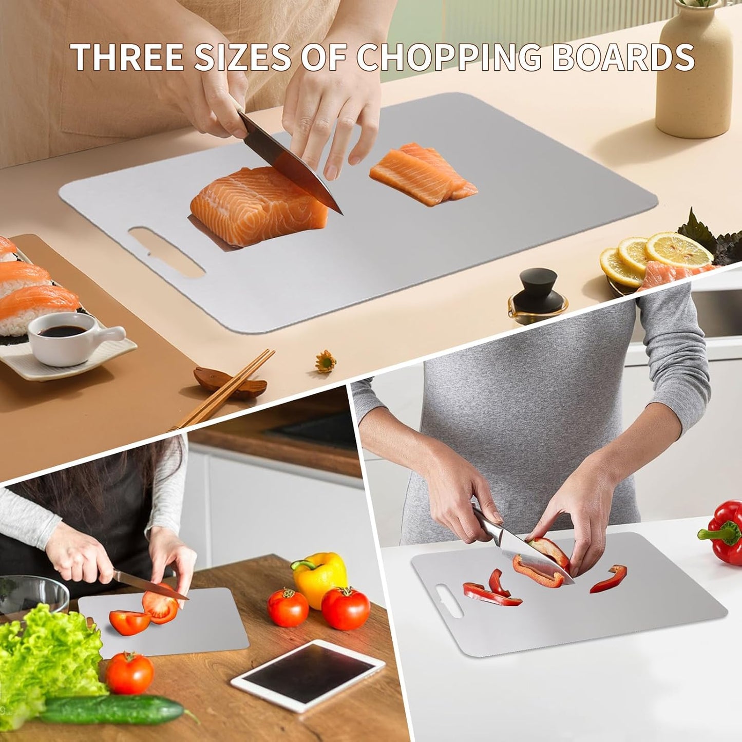Set of Three Double-Sided Cutting Boards,304 Stainless Steel Cutting Board,Stainless Steel Cutting Board for Vegetables, Meat and Fruit