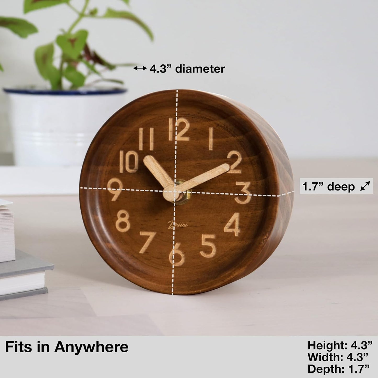 Driini Wooden Analog Desktop Clock – 4.3 in. Decorative Pinewood Clock, No-Tick Design – Easy to Read Silent Sweep Mantle Clock – Quiet Tabletop Clocks with Wood Body, Hands, & Battery Cover; Blue