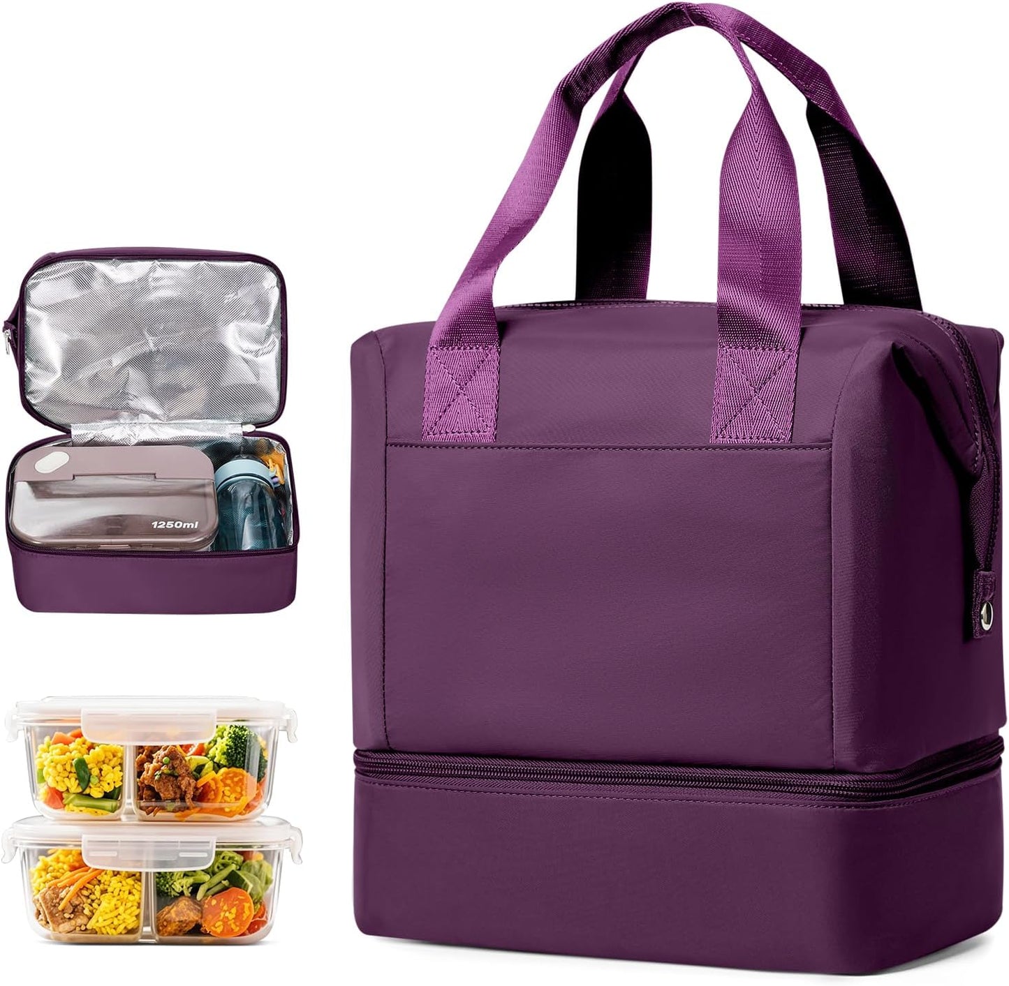 Lunch Bag Insulated Lunch Box Leakproof Lunch Tote Bags for Women Men,Portable Thermal Cooler Bag Lunch Containers with Shoulder Strap for Work, Family, Picnic, School, Outdoor,BBQ C2-Pinkpurple