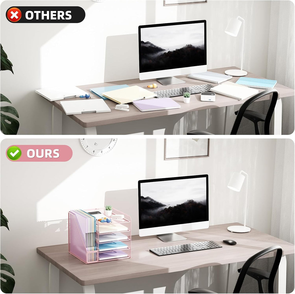 Marbrasse Desk Organizers and Accessories, 5-Tier Paper Letter Tray Organizer with File Holder, Mesh File Organizer for Desk, Office Desk Accessories & Organization for Supplies (Pink)