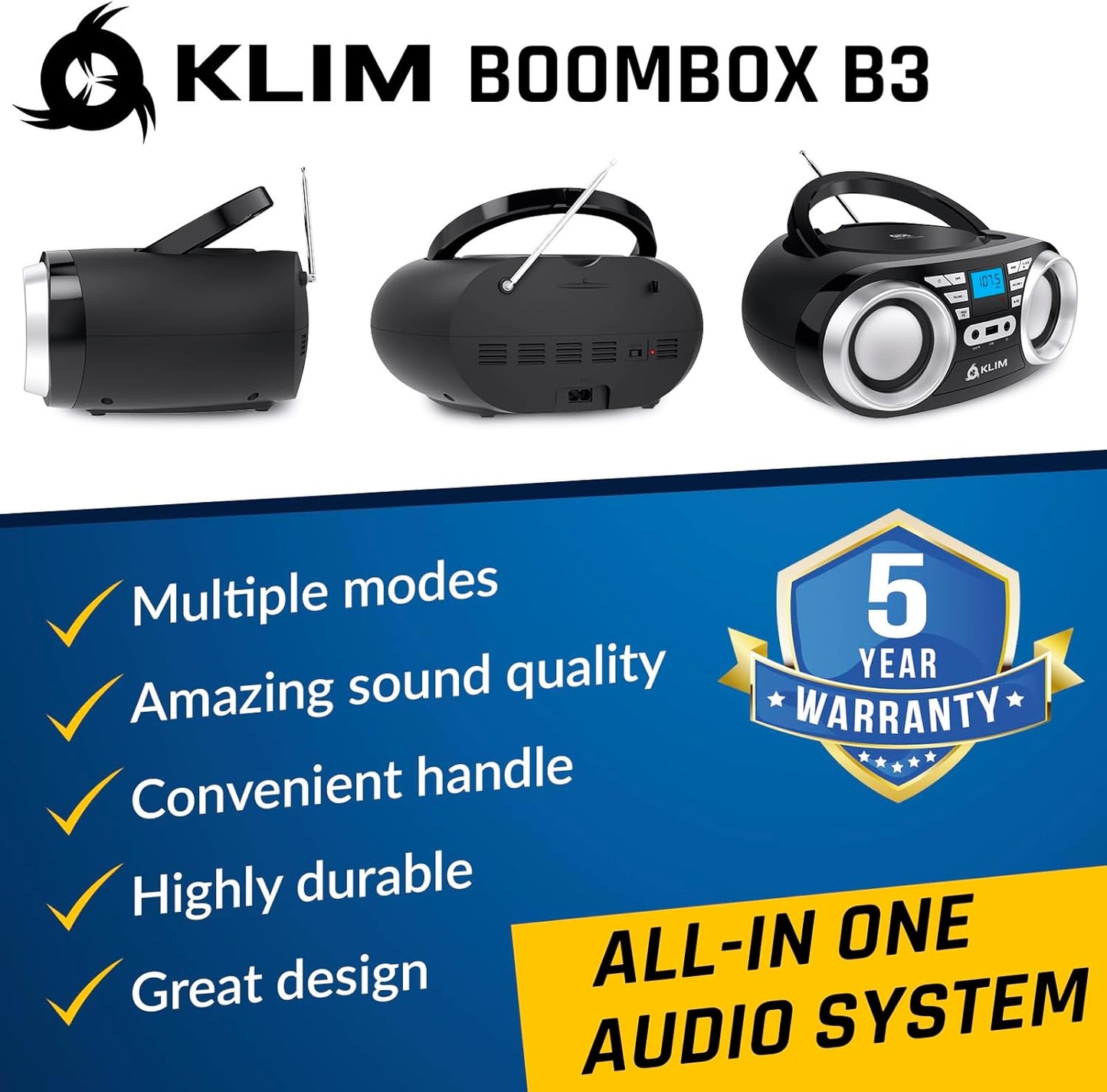 KLIM B3 Portable CD Player Boombox with FM Radio, Bluetooth, USB, AUX, and FM Radio Dual Speakers, EQ Sound Effects, 20 Preset Stations, Compact and Lightweight - Black No RGB