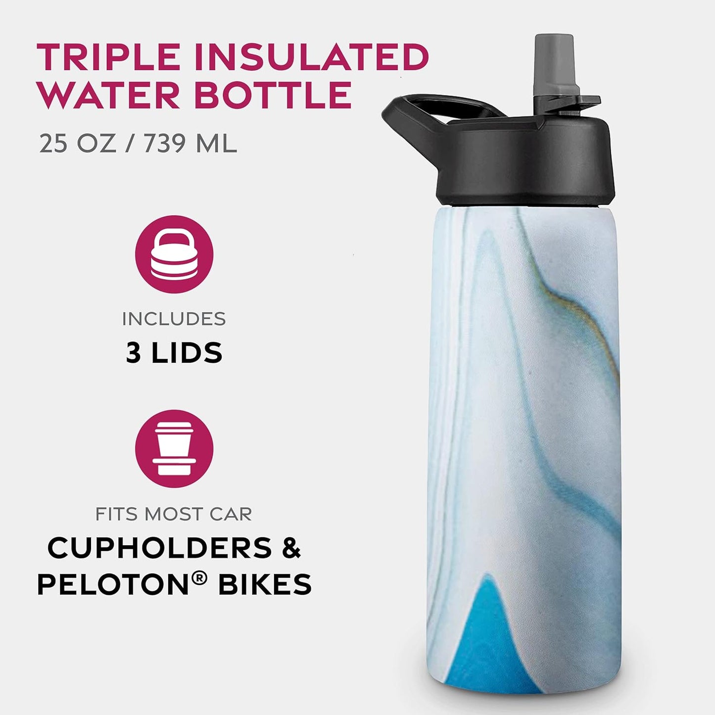 FineDine Water Bottle - Stainless Steel Insulated Water Bottle with Straw Lid, Flip Lid & Wide-Mouth Cap - Keeps Hot and Cold - 25 Oz / 739ml - Pure Pearly White