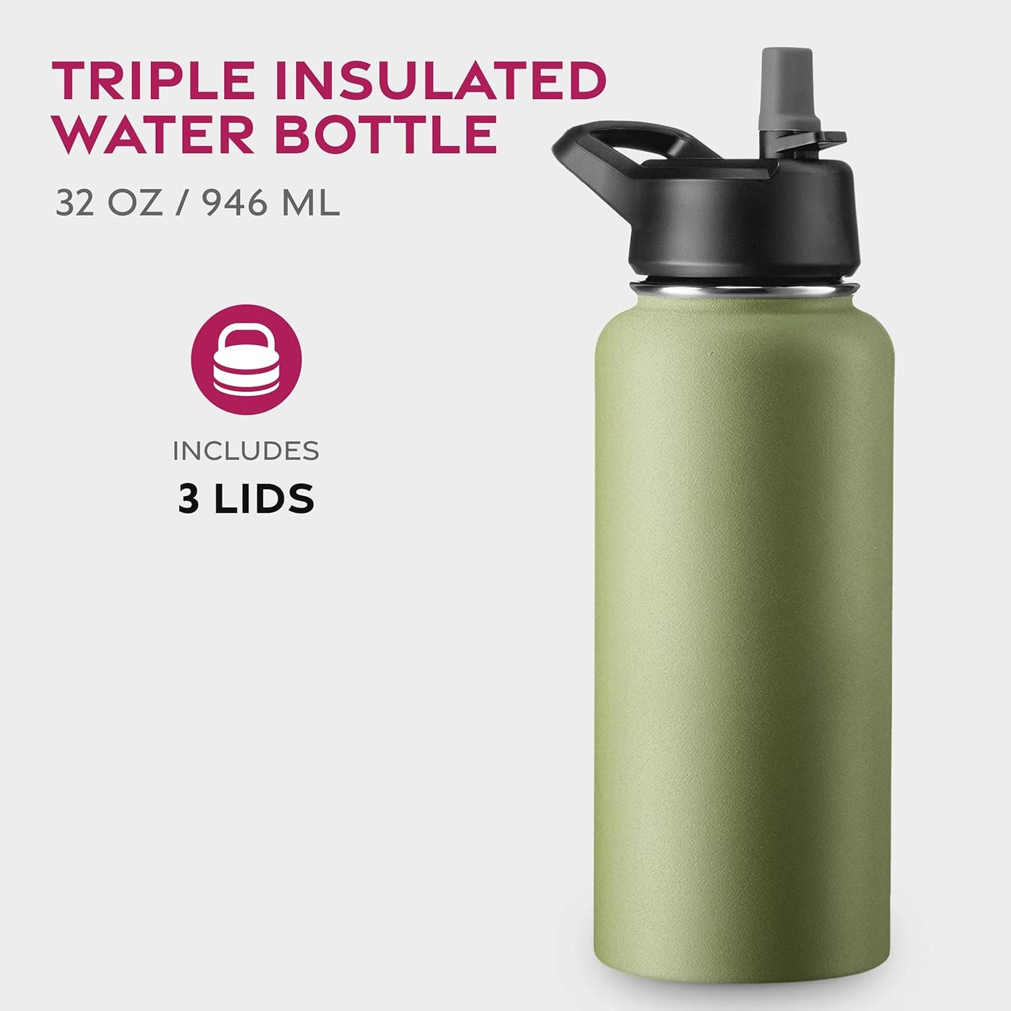 FineDine Water Bottle - Stainless Steel Insulated Water Bottle with Straw Lid, Flip Lid & Wide-Mouth Cap - Keeps Hot and Cold - 25 Oz / 739ml - Pure Pearly White