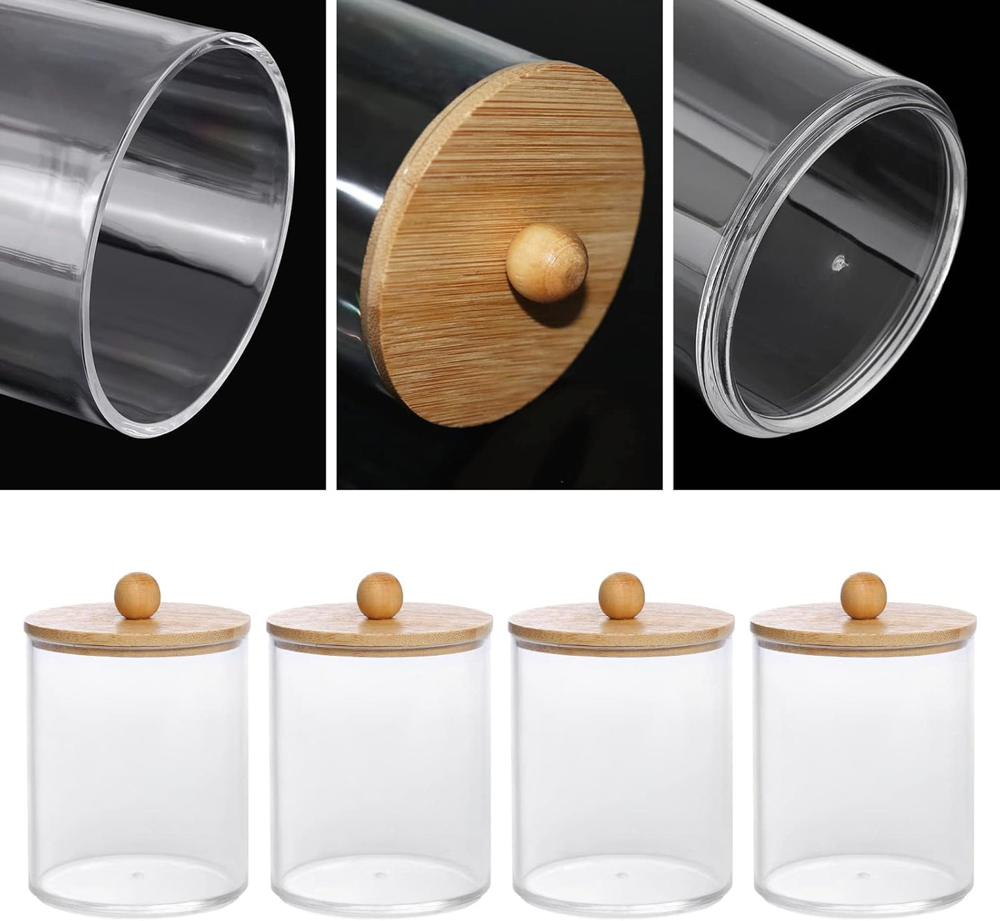 Clear Bathroom Organizer Jars with Bamboo Lids – 4 Pack Plastic Apothecary Containers for Cotton Swabs, Cotton Balls, Floss and Small Essentials - PuriLite