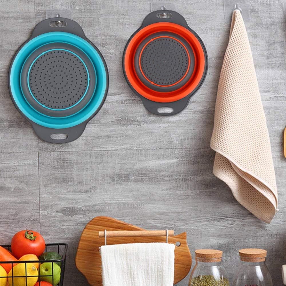 Collapsible Colander, BESUNTEK Strainer Set Round Food Silicone Kitchen for Draining Pasta, Vegetable and Fruit 2 pcs 4 Quart and 1 pcs 2 Quart (Orange + Green + Blue)