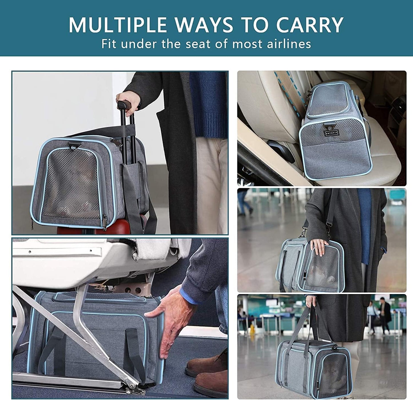 Petsfit Expandable Cat Dog Carrier Airline Approved, 17" L x 11" W x 11" H Soft-Sided Portable Pet Travel Carrier for Kitten, Puppy, Removable Soft Plush Mat and Pockets, Auto-Locking Zippers