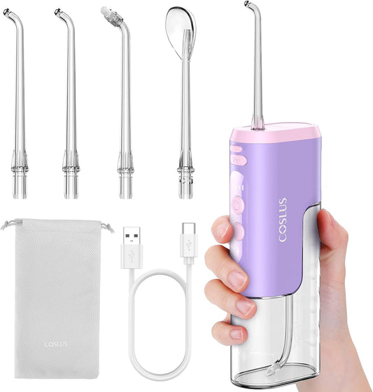 COSLUS Water Portable Flosser for Travel: Cordless Mini Flossers For Travel Quick Clean, 4 Modes & Removable Tank for Family, Nozzle Storage, Compact Design One The Go Use, IPX7 Waterproof, Pink