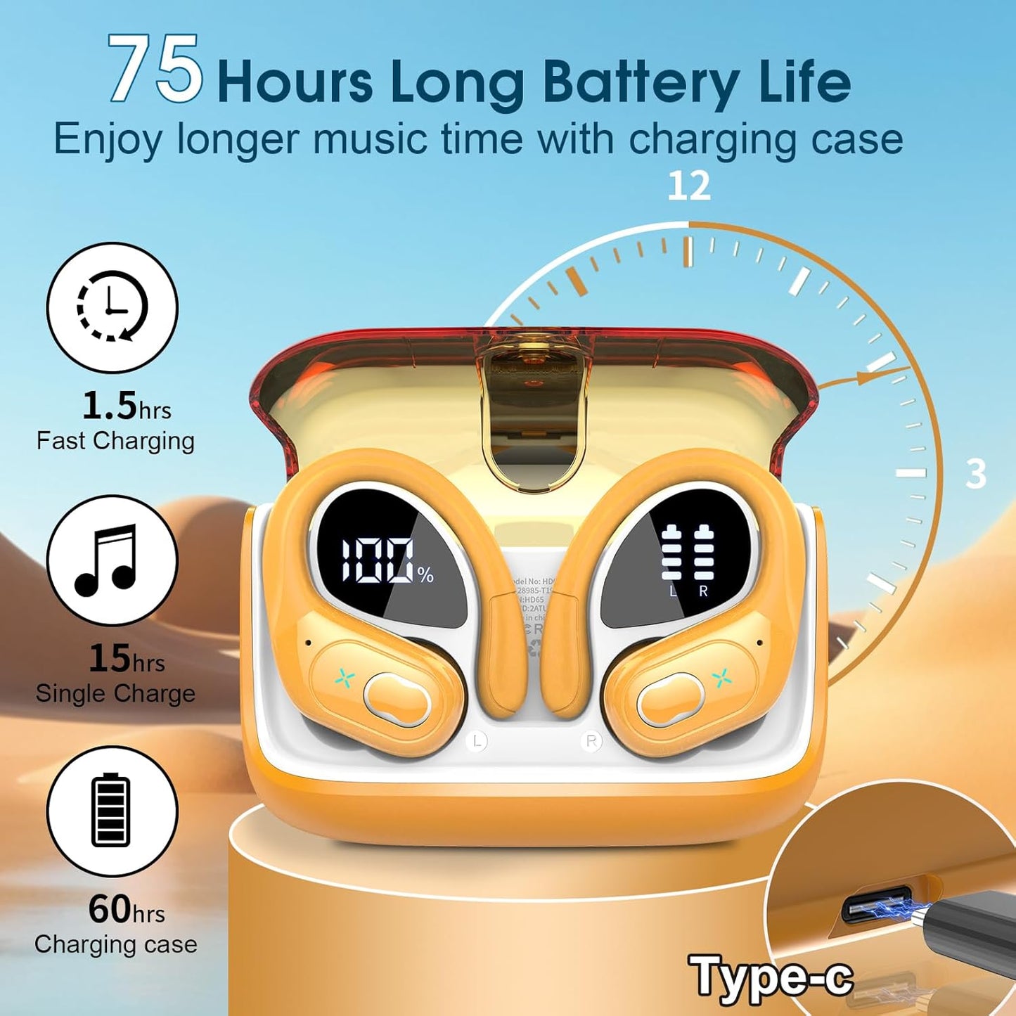 STECEi Wireless Earbuds 75hrs Bluetooth 5.4 Headphone Sport, Bluetooth Earbuds HiFi Stereo Over Ear Bud with Earhooks, ENC Noise Cancelling Mic, IP7 Waterproof Wireless Earphone for Workout/Running