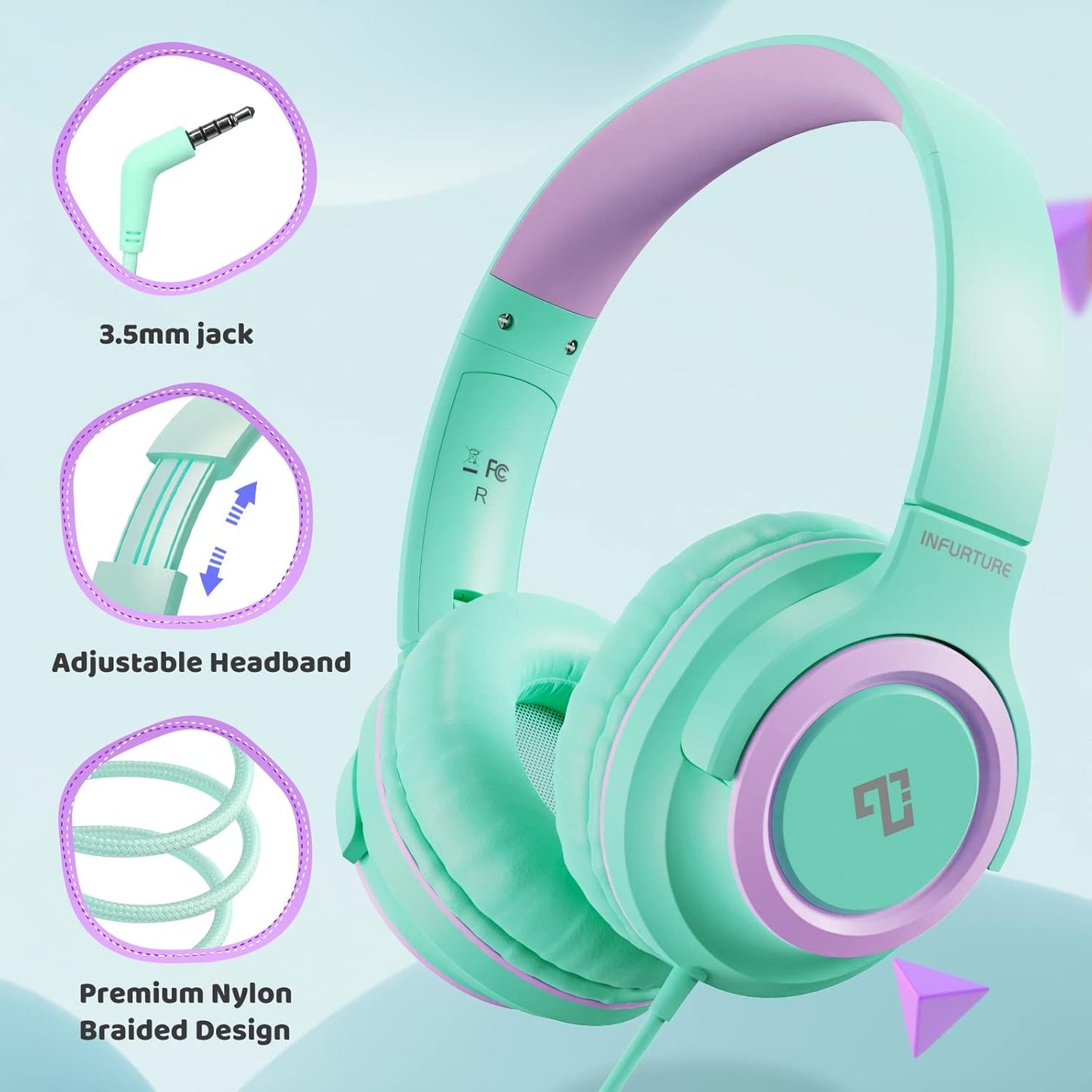INFURTURE Kids Headphones for School Travel, 94dB Safe Volume Limited, HD Mic Stereo Sound Over-Ear Girls Boys Headphones for Kid, Foldable 3.5mm and USB-C Wired Headphones for iPad Computer