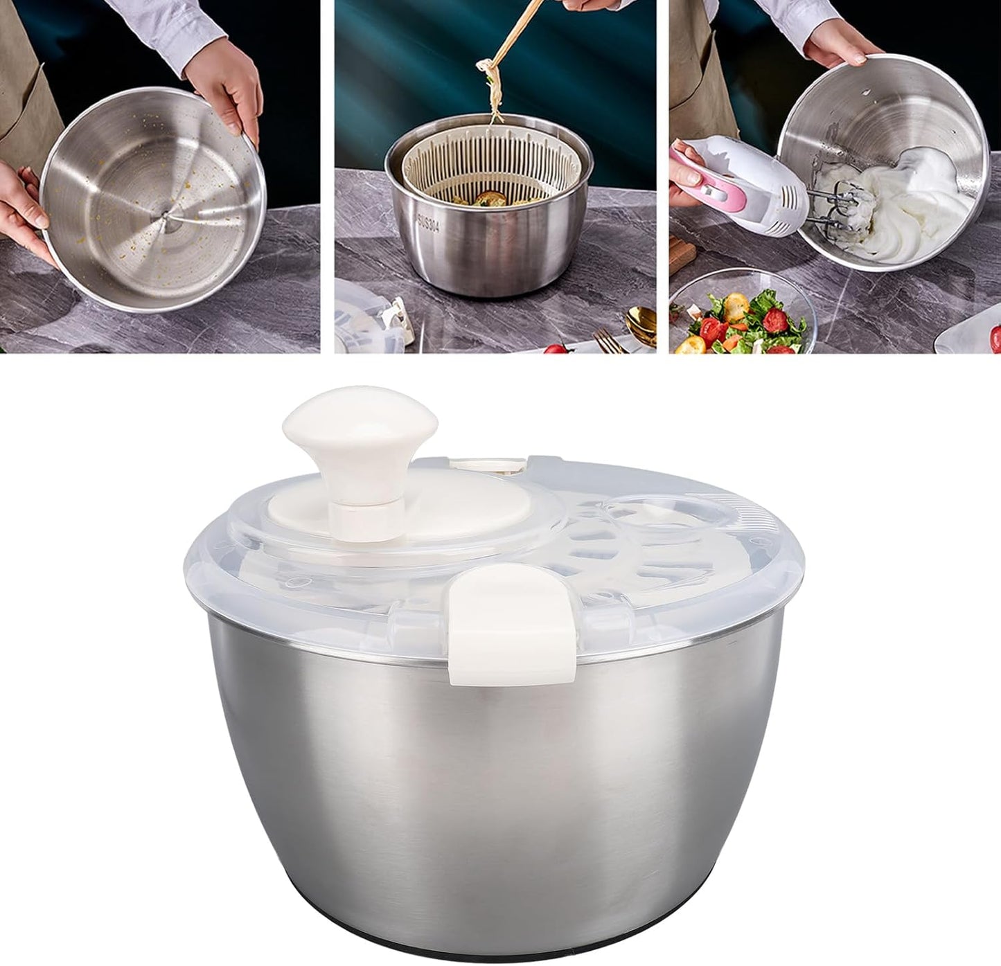 Stainless Steel Salad Spinner, Quick and Easy Vegetable Washer Lettuce Spinner with Transparent Lid and Drain Bowl Colander