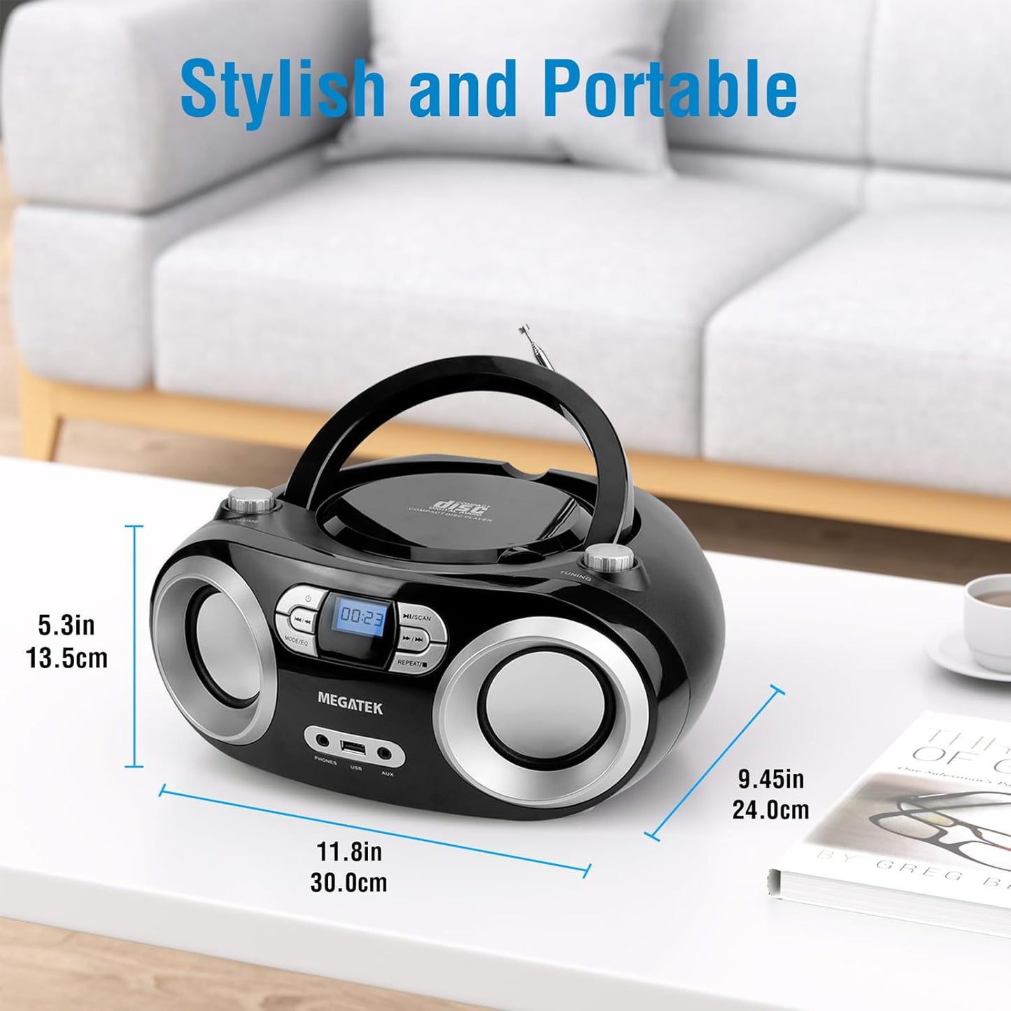 MEGATEK Portable CD Player Boombox with FM Radio, Bluetooth, USB Port, AUX Input, and Headphone Jack – CD-R/CD-RW/MP3-CD Compatible, Clear Stereo Sound, Backlit LCD Display – Black