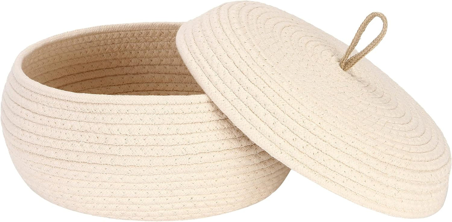 Sea Team Round Cotton Rope Storage Basket with Lid, Decorative Woven Storage Bin, Pot, Caddy, Organizer, Container for Snacks, Towels, Plants (Grey, Small)