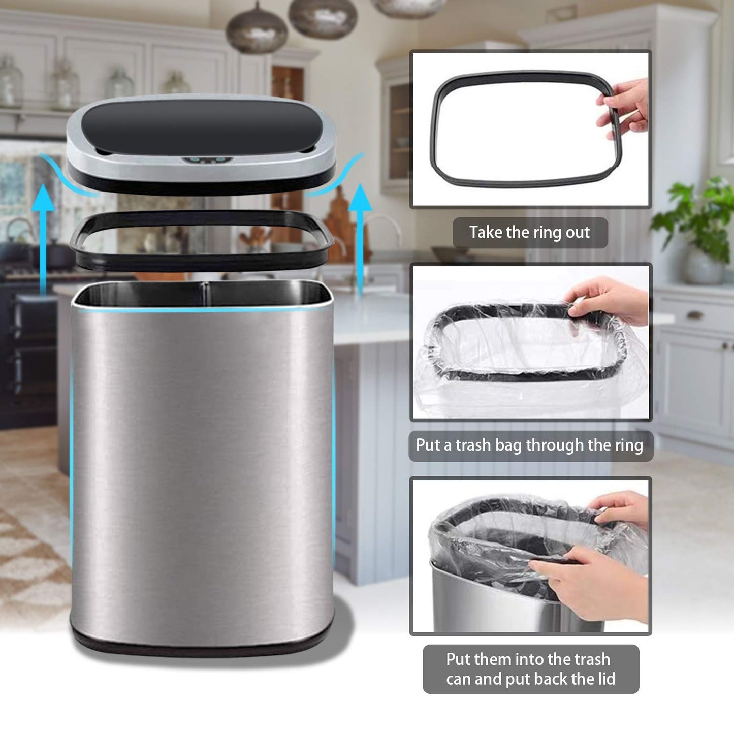 13 Gallon Sensor Garbage Can Stainless Steel Kitchen Garbage Can with Lid Antomatic Garbage can for Kitchen Office Bedroom Bathroom Living Room,Black