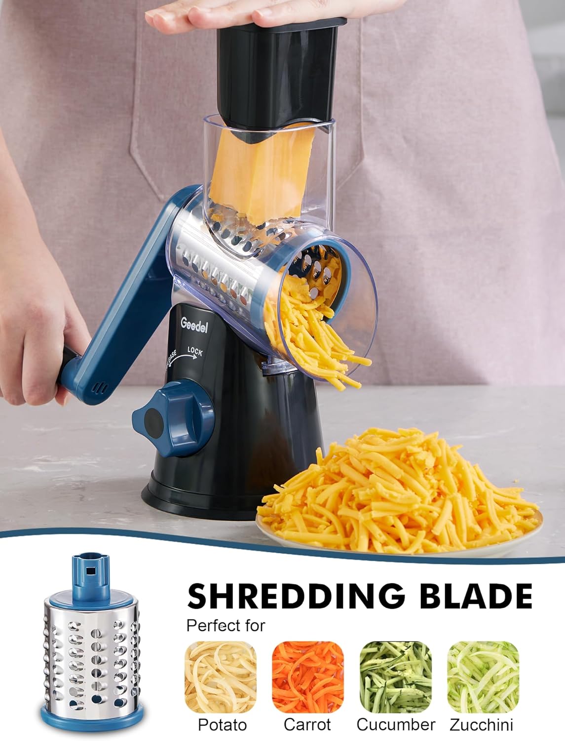 Geedel Kitchen Cheese Grater, Rotary Mandoline Vegetable Slicer with Interchangeable Blades, Easy to Use Rotary Grater Slicer for Fruit, Vegetables, Nuts