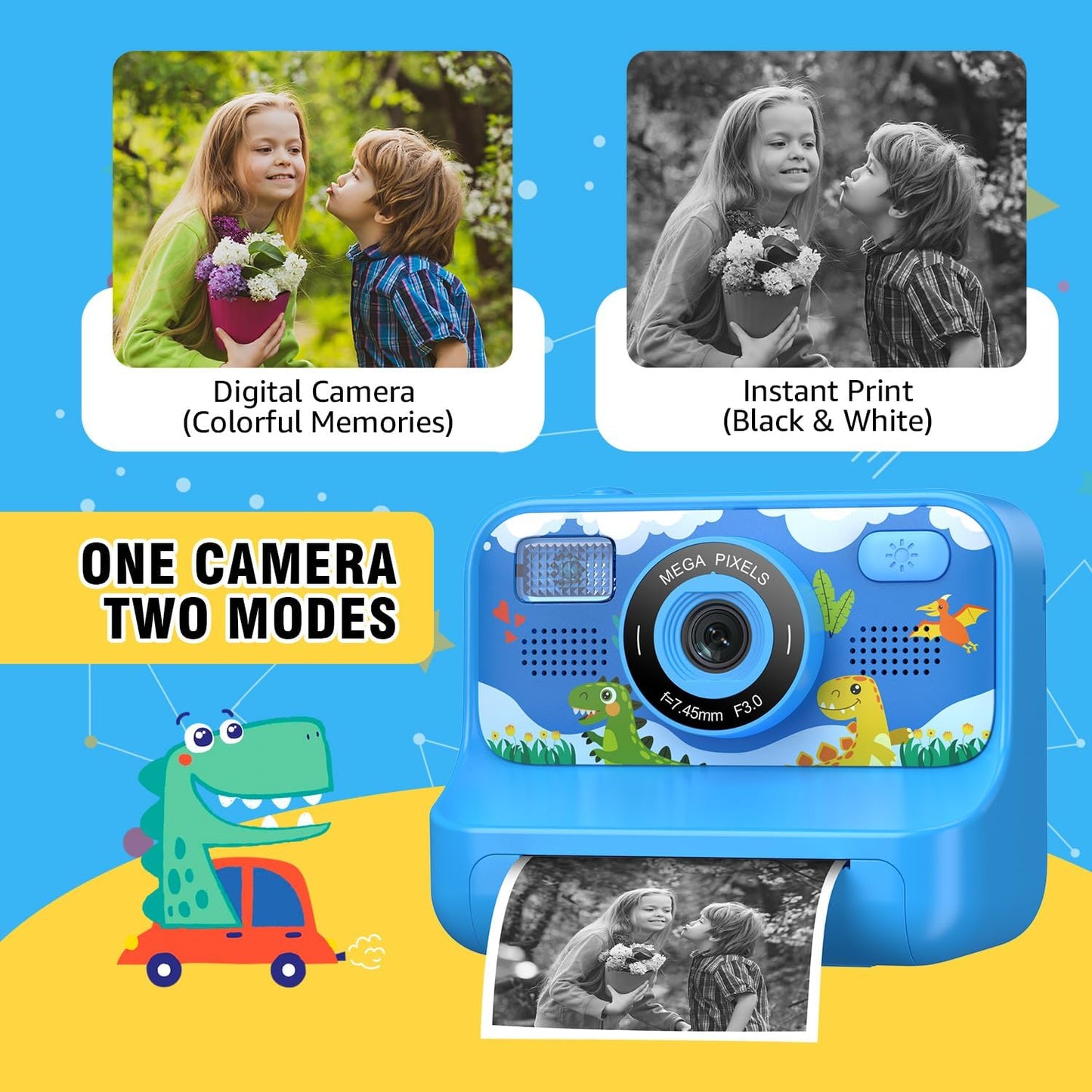 Instant Print Camera for Kids Age 3-12 Girls Boys 1080P Selfie HD Digital Video Cameras with 6 Print Paper & 32G Card Toddler Portable Travel Toys Camera for Christmas Birthday Gifts