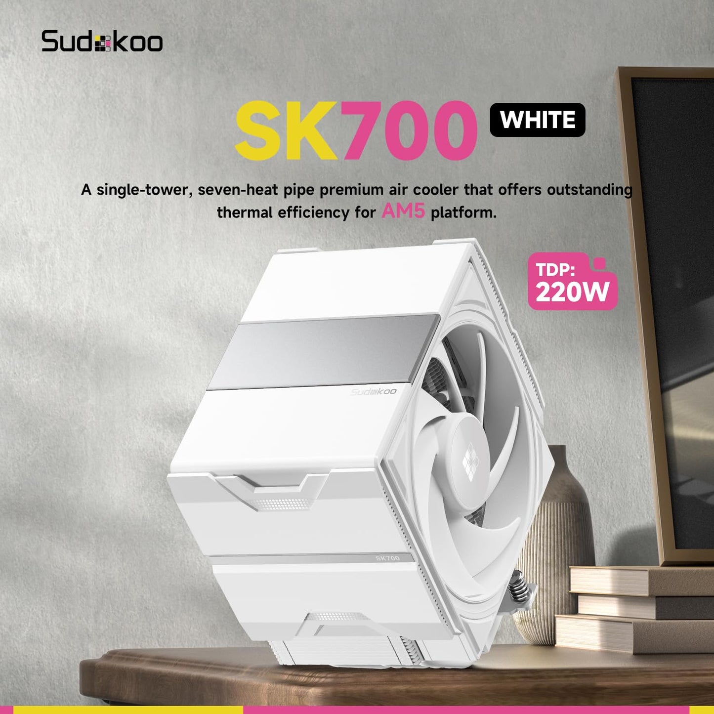 Sudokoo SK700V AM5 CPU Cooler, AM5 Exclusive, Digital Display, 7 Heatpipes CPU Air Cooler, Single Tower, 120mm FDB PWM Fan, Full RAM Freedom, L-Rail Lock Mount, 5 Years Warranty, Black, PC Cooler