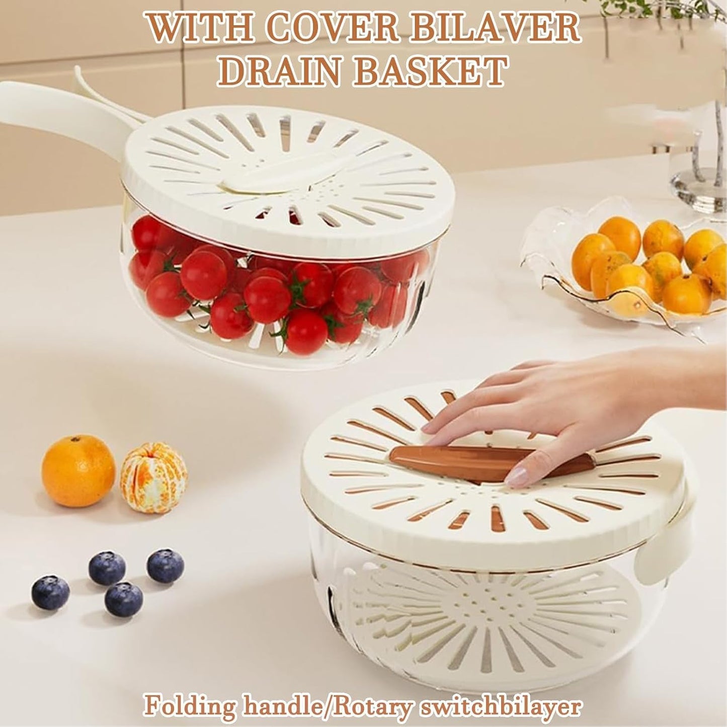Fruit Vegetable Draining Bowl, Kitchen Strainer with Foldable Handle, Lid, Drain Tray, Rotating Fruit and Vegetable Washing Colander for Salad Mixing, Fruit Washing (White)
