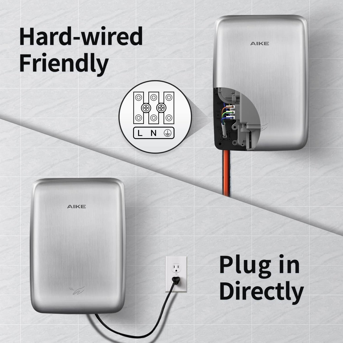 AIKE UL Approved Compact Jet Hand Dryer Hard-Wired Friendly, 1350W 120V Brushed Stainless Steel Model AK2803D