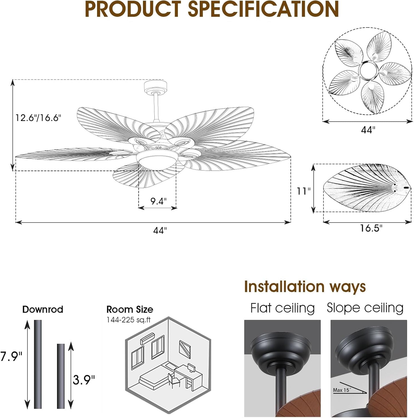 Wiviniya Ceiling Fans with Lights and Remote/APP Control, 44 Inch Tropical Palm Leaf Ceiling Fan with LED Lights, Outdoor Ceiling Fans for Patios Porch, Reversible Quiet Motor, Dimmable, Light Brown
