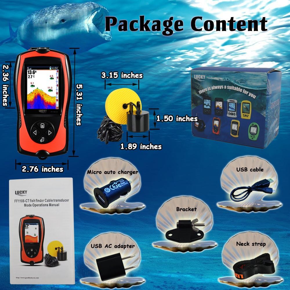 LUCKY Portable Fish Finder Wired Sonar Sensor Transducer 328 Feet Water Depth Finder LCD Screen for Kayak Fishing Ice Fishing Sea Fishing