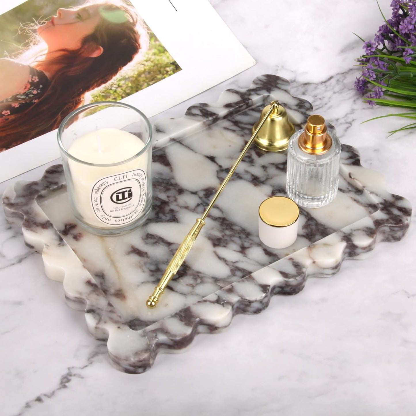 HESHIBI Marble Decorative Tray, Square, 8x8 inches, Rosso Lepanto, Luxury Natural Stone, Bathroom Vanity, Dresser Top, Kitchen Sink, Trinket Ring Tray