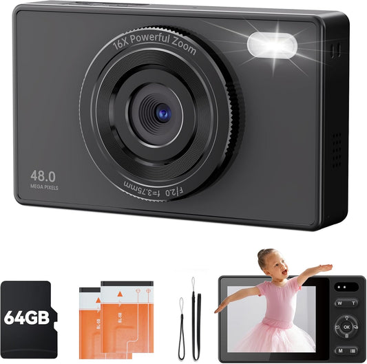 64GB Digital Camera for Kids Photography: 48MP Mini Camera Anti Shake 1080P Video Camera Autofocus 16X Zoom Anti Shake Point and Shoot Camera 2 Batteries Gift for Kid Student Beginner Black