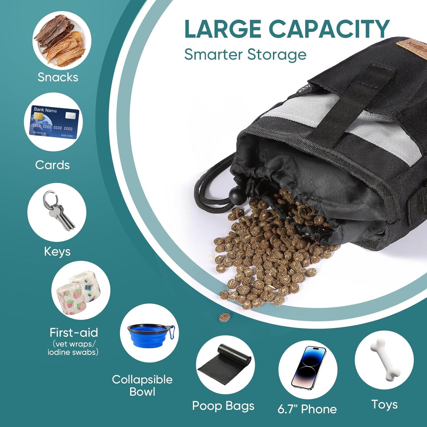 Dog Treat Pouch with Collapsible Bowl & Zippered Pockets Hands-Free Training Treat Pouch Bag for Dogs Waterproof Pet Waist Bag, Adjustable Strap Training, Hiking, Outdoor Use (Black & Olive Green)