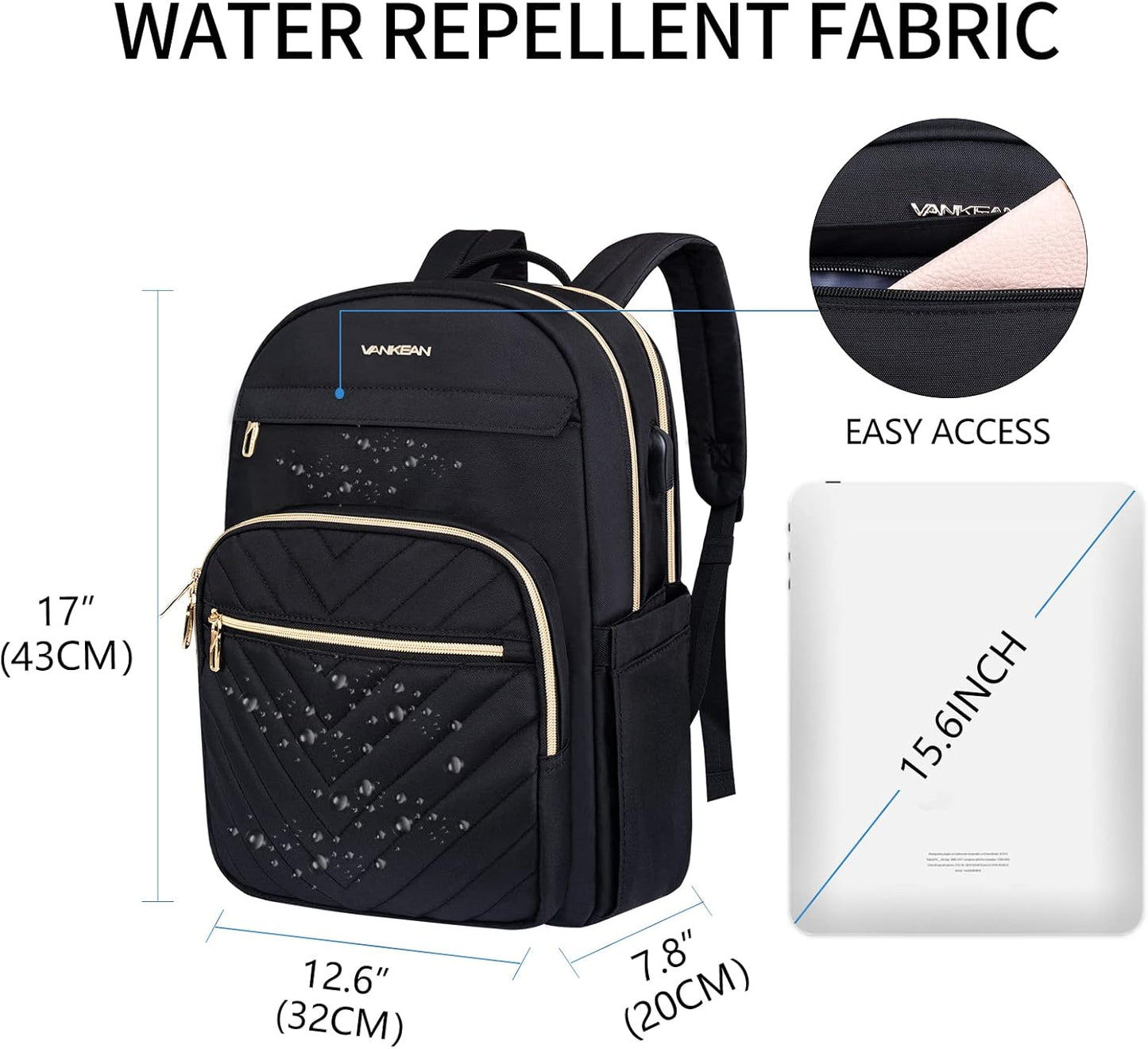 VANKEAN Laptop Backpack for Women Men Work Laptop Bag Fashion with USB Port, Daypacks for College, Business (Black, 15.6 Inch)