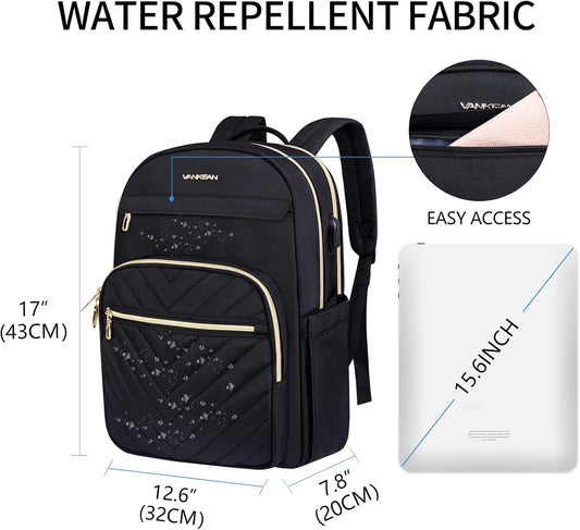 VANKEAN Laptop Backpack for Women Men Work Laptop Bag Fashion with USB Port, Daypacks for College, Business (Black, 15.6 Inch) - PuriLite