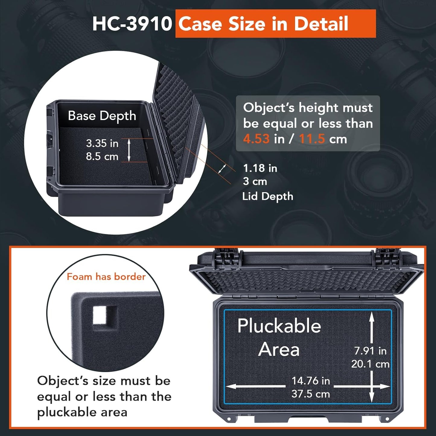 Lykus HC-3810 Waterproof Hard Case with Customizable Foam Insert, Interior Size 38x28x13.5cm, Suitable for Camera, Lens, Drone, mic, Flashlight, Telescope, Action cam, Electronics, Tools, and More