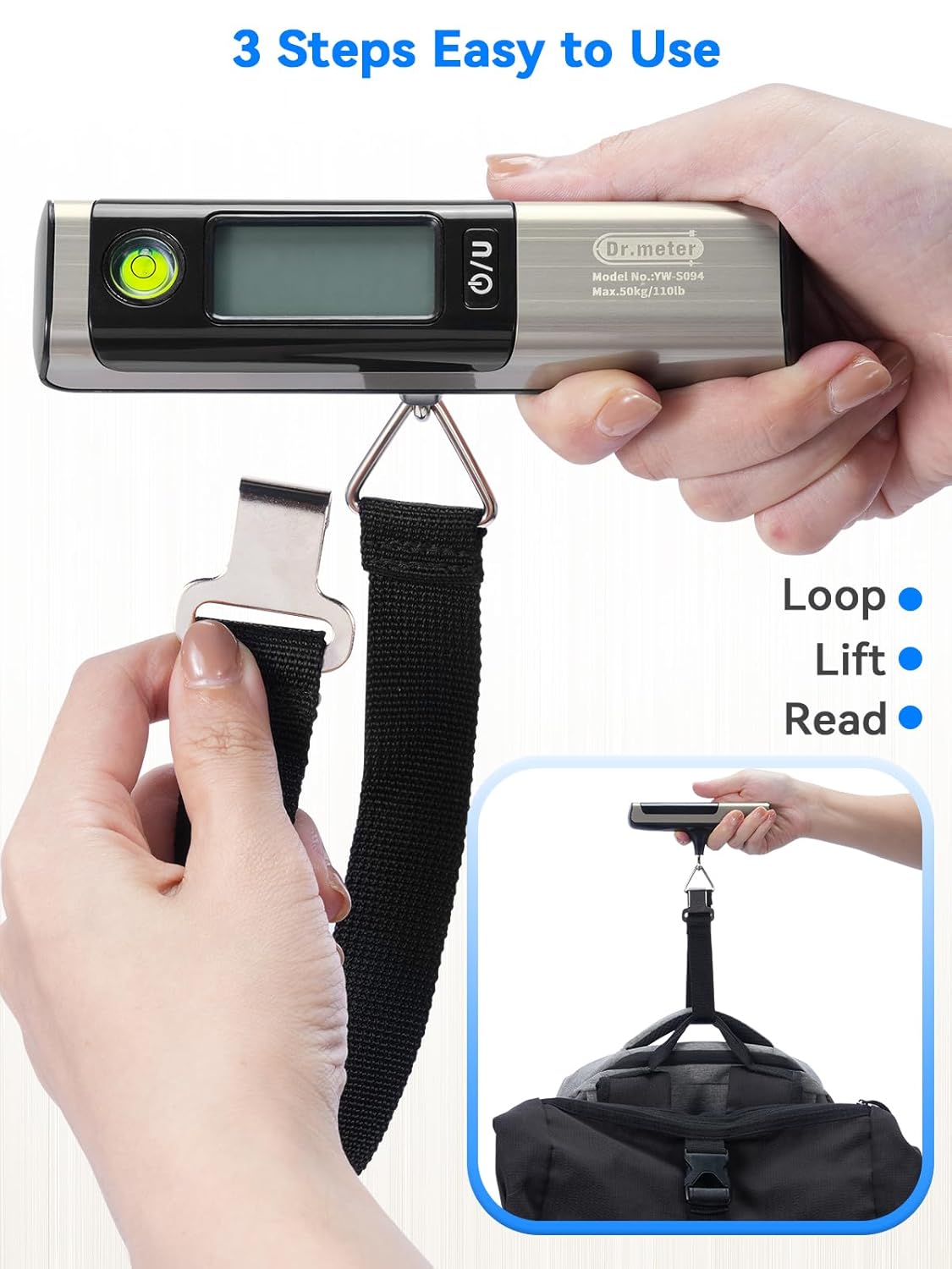 Luggage Scale, Dr.meter Digital Hanging Weight Scale with Tape Ruler, Portable Suitcase Scale 110lb/50kg Backlight LCD Display Electronic Scale Travel Essentials Traveler Gifts, Overload Alarm-Silver
