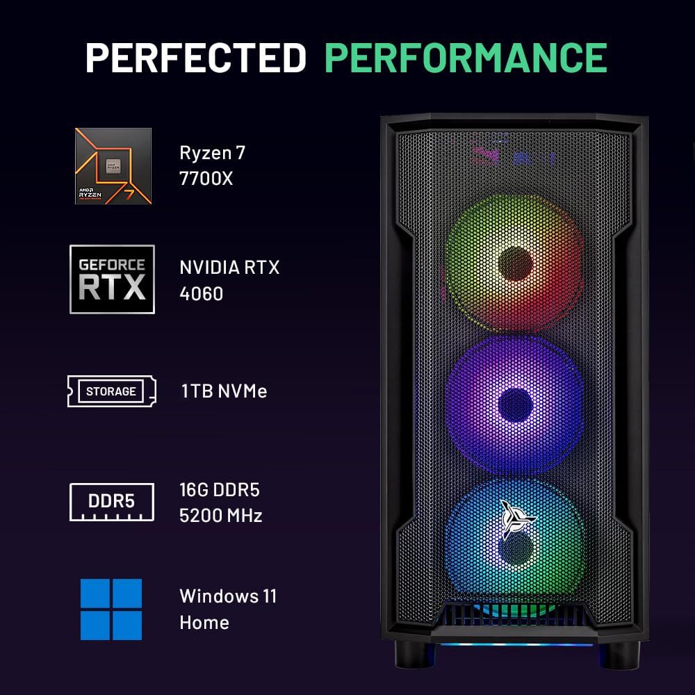 Skytech Shadow Gaming PC Desktop, Ryzen 5 5600 3.5 Ghz (4.4GHz Turbo Boost), AMD RX 6600 8GB GDDR6, 1TB SSD, 16GB DDR4 RAM 3200, 650W Gold PSU, Wi-Fi, Win 11 Home