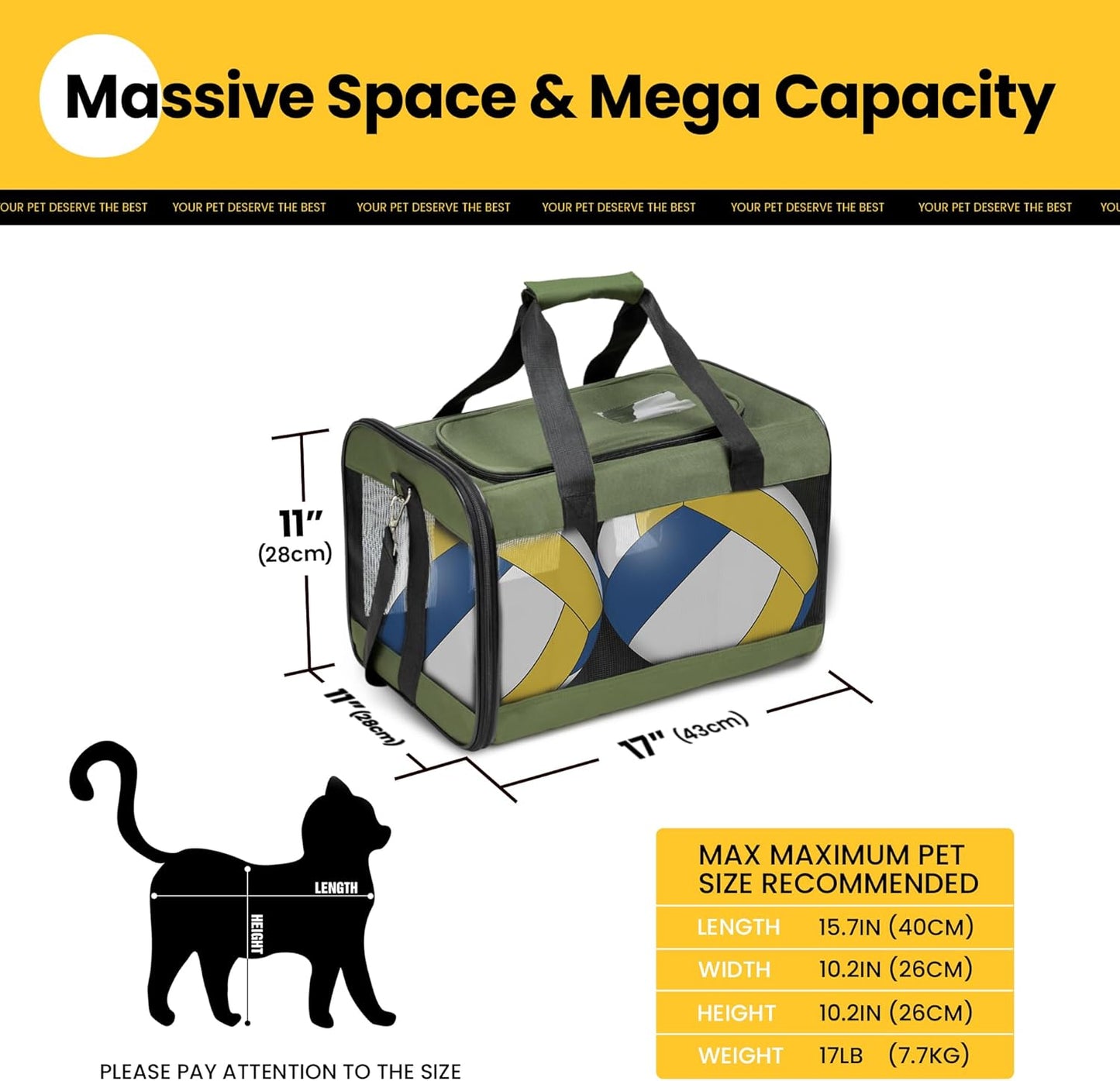 Conlun Cat Carrier Airline Approved, Soft-Sided Dog Carrier with Inner Safety Leash, Pet Transport Carrier for Small-Medium Cats Puppies up to 15 Lbs, Collapsible Travel Kitten Carrier Bag -Black M