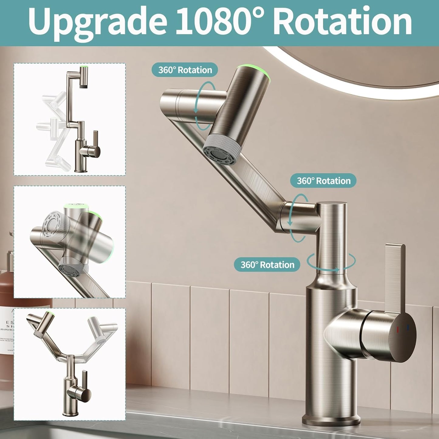 EAARSUO Single Hole Rotatable Bathroom Faucet with Temperature Display, Single Handle Modern Rotating Bathroom Sink Faucet 1 Hole, 1080 Degree Swivel Faucet with 2 Water Outlet Modes (Black)