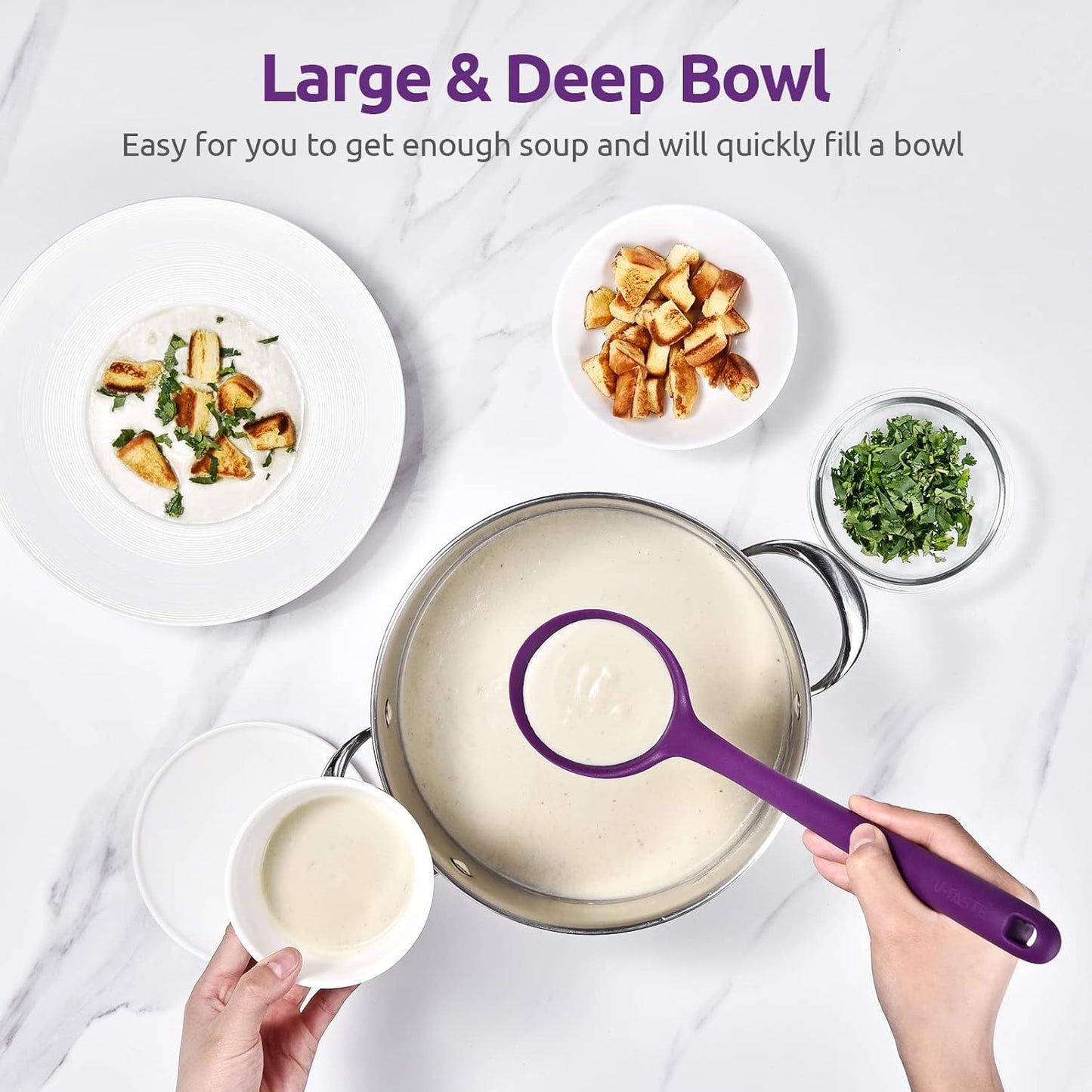 13 inch Silicone Soup Ladle: U-Taste 600ºF Heat Resistant 4 oz Large Non-Stick Seamless Rubber Kitchen Deep Serving Spoon with Non-Slip Solid Long Handle for Cooking Sauce/Stews/Gravies/Chili(Purple)