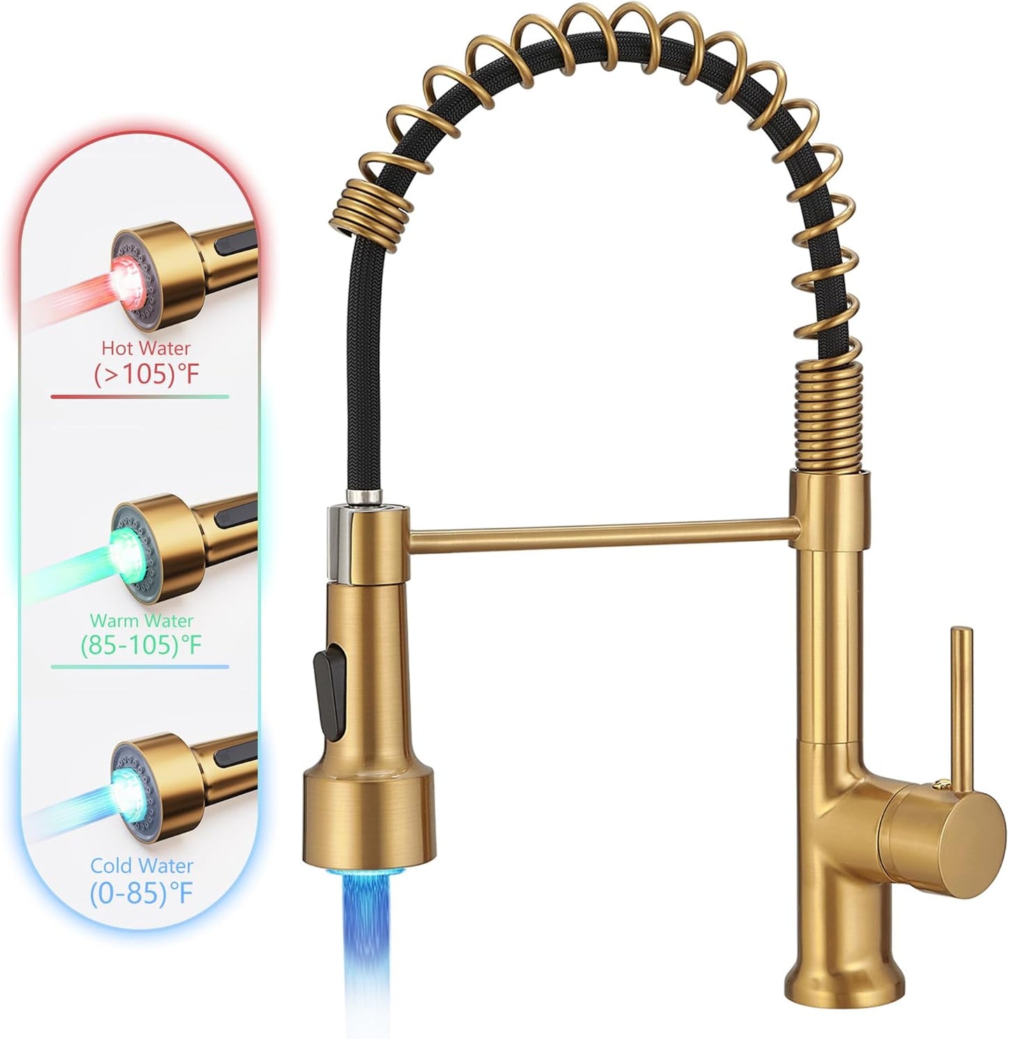 GIMILI Matte Black Kitchen Faucet with LED Light,Single Hole Spring Kitchen Sink Faucet with Pull Down Sprayer