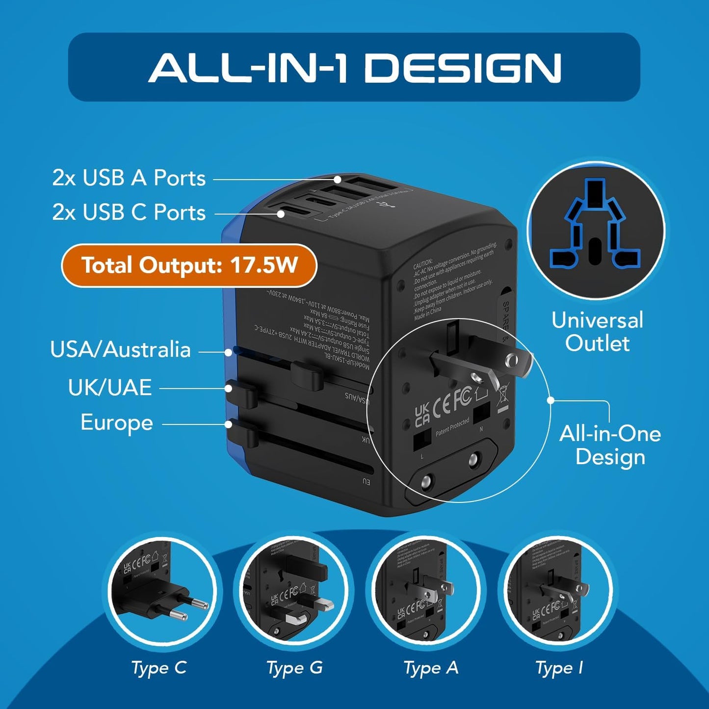 Ceptics Universal Travel Adapter kit, Dual USB (QC 3.0) + 2 US outlets + USB-C Cable, Use with Chargers, Cell Phones, Laptops, 6 Plug attachments for Worldwide use (Does Not Convert Voltage) (WPS-2B)