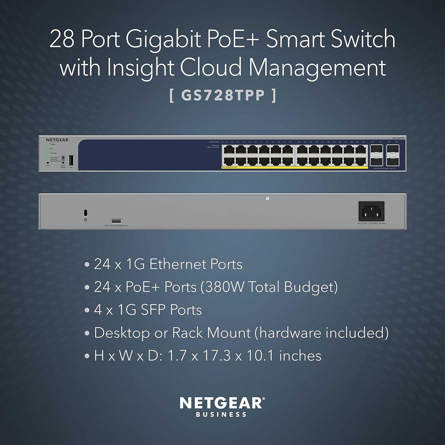 NETGEAR 26-Port PoE Gigabit Ethernet Smart Switch (GS724TP) - Managed, 24 x 1G, 24 x PoE+ @ 190W, 2 x 1G SFP, Optional Insight Cloud Management, Desktop or Rackmount, and Limited Lifetime Protection