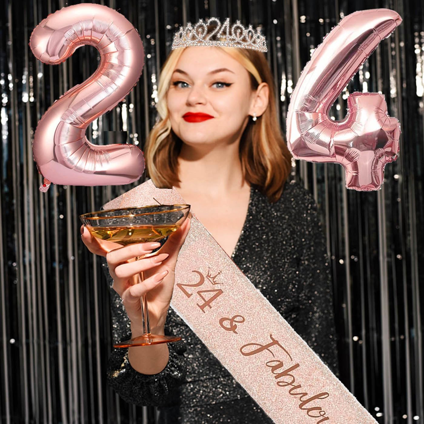 8pcs 40th Birthday Decorations gifts for Women, Including 40th Happy Birthday Cake Topper, Queen Sash with Pearl Pin, Sweet Rhinestone Tiara Crown for Women, Number Candles and Balloons (Rose Gold)