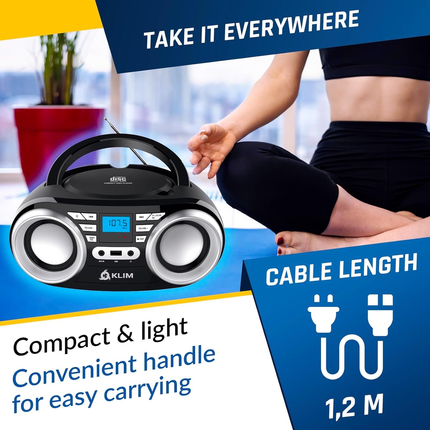 KLIM B3 Portable CD Player Boombox with FM Radio, Bluetooth, USB, AUX, and FM Radio Dual Speakers, EQ Sound Effects, 20 Preset Stations, Compact and Lightweight - Black No RGB