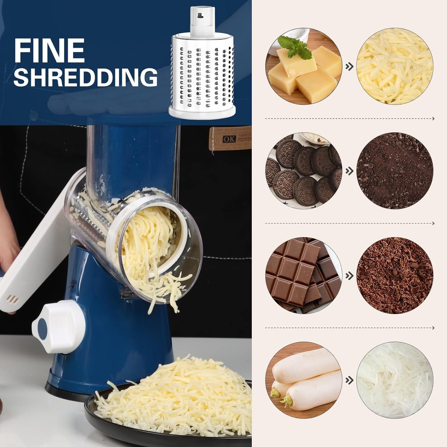 Purilite Select Rotary Cheese Grater with 3 Stainless Steel Blades