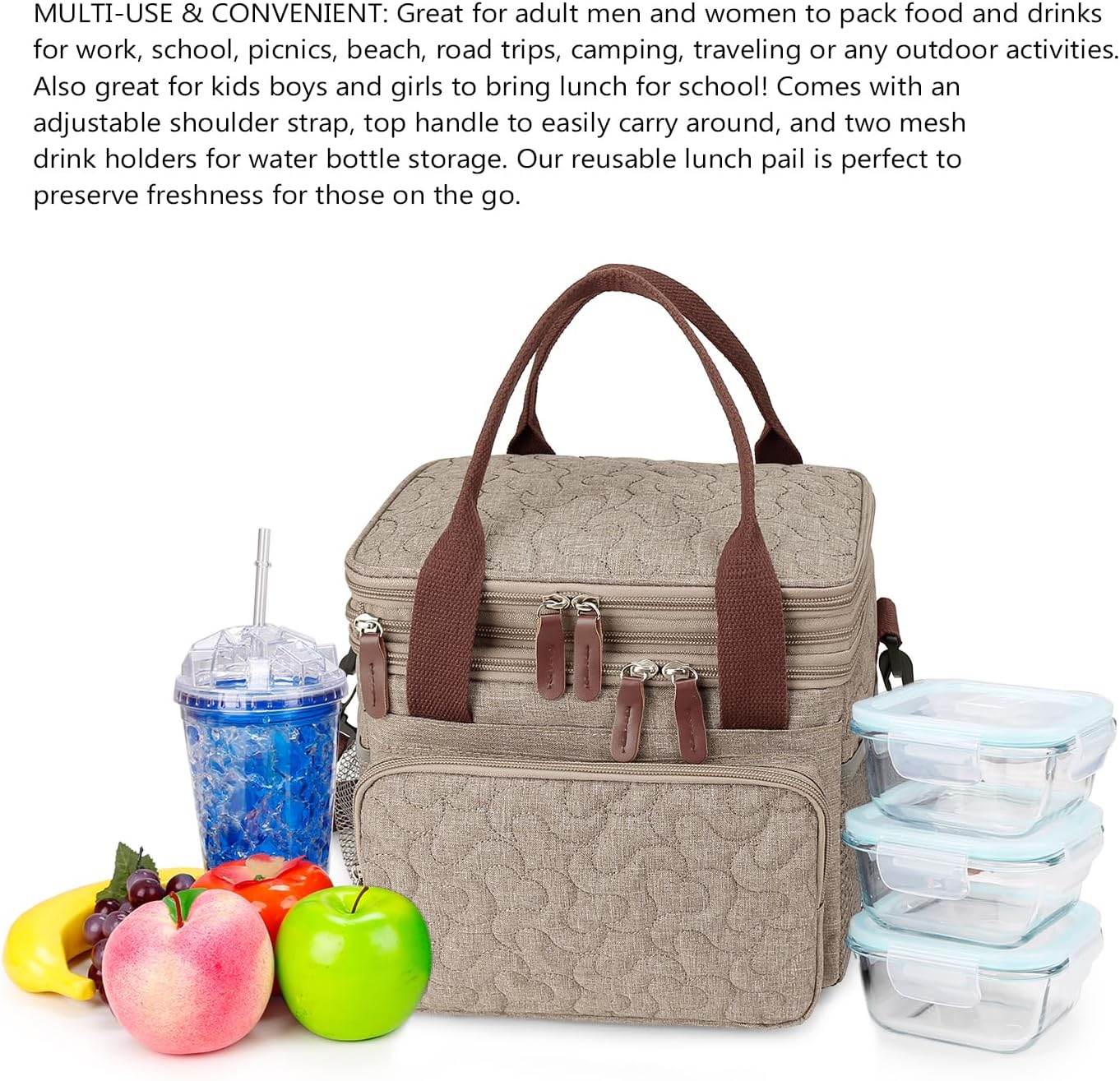 Lunch Bag Women Insulated Lunch Box for Work, Purple Expandable Large Lunch Bags, Leakproof Double Deck Lunch Box Cooler Bag(Purple)