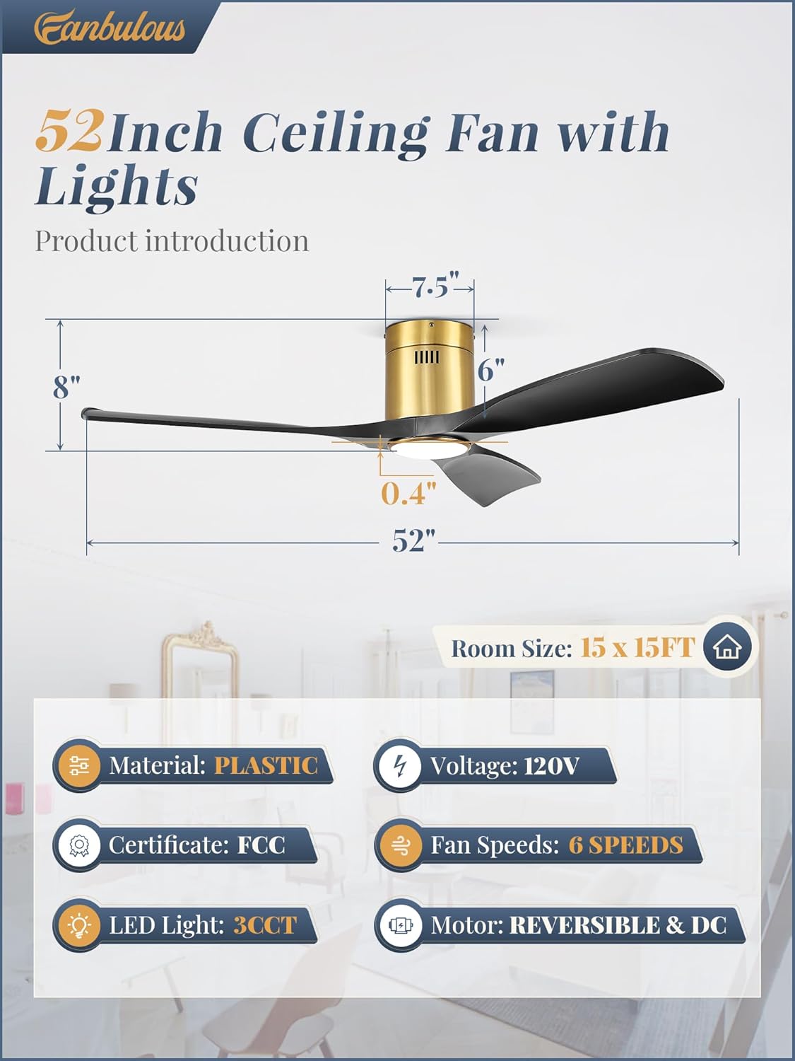Fanbulous 52" Ceiling Fans with Lights and Remote Control,Modern Flush Mount Ceiling Fan with 3 LED Colors,Outdoor Low Profile Ceiling Fans with 6-Speeds Timer DC Motor for Bedroom Living Room Patio