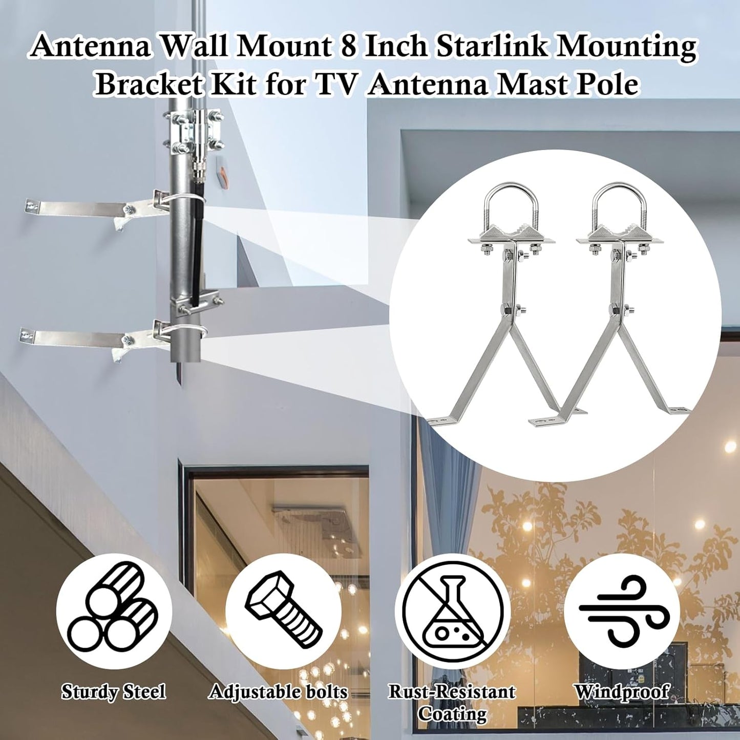 XRDS-RF 16 Inch Heavy-Duty Wall Mount Stand Off Mast for TV Antenna - Windproof Mounting Bracket (2-Leg + 2-Leg)