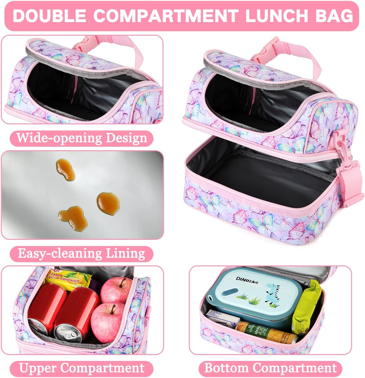 VASCHY Lunch Box Bag Men, Insulated Two Compartments Bento Cooler Bags for Adults/Women/Kids for School,Daycare,Kindergarten,Picnic Black