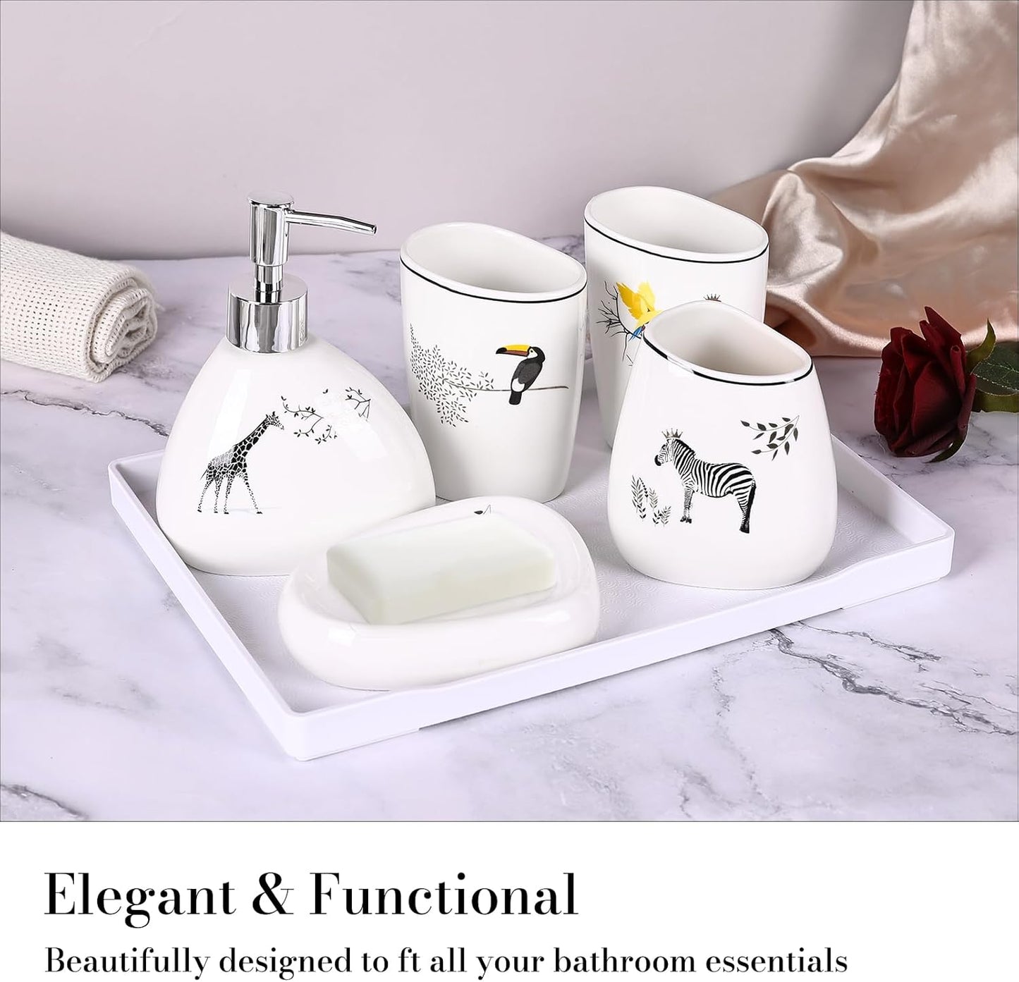 White Bathroom Accessories Set,Modern Countertop Bathroom Decor,Luxury 6 Piece Bathroom Accessory Set,Complete with Soap Dispenser,Toothbrush Holder,Tumbler,Tray