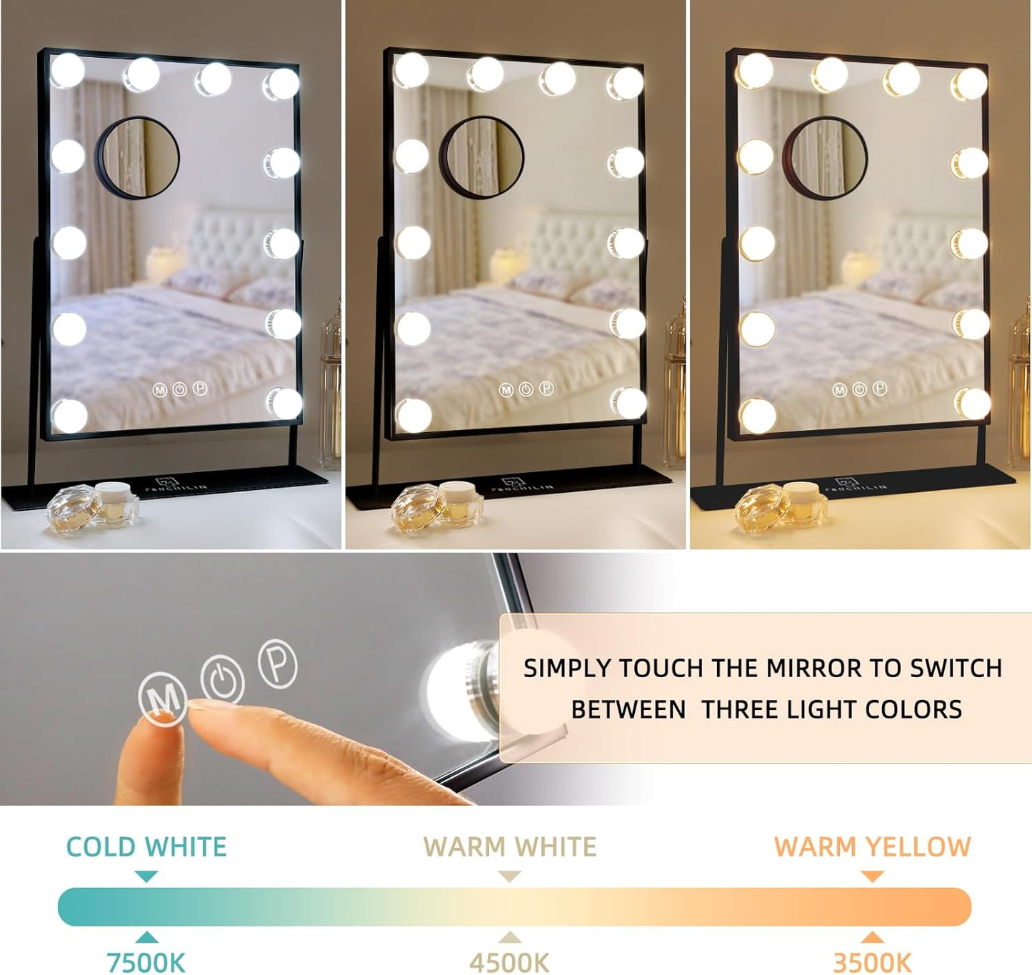 FENCHILIN Lighted Makeup Mirror Hollywood Mirror Vanity Makeup Mirror with Light Smart Touch Control 3Colors Dimmable Light Detachable 10X Magnification 360°Rotation(White)